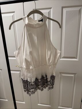 White House Black Market White Halter Top with Black Floral Border